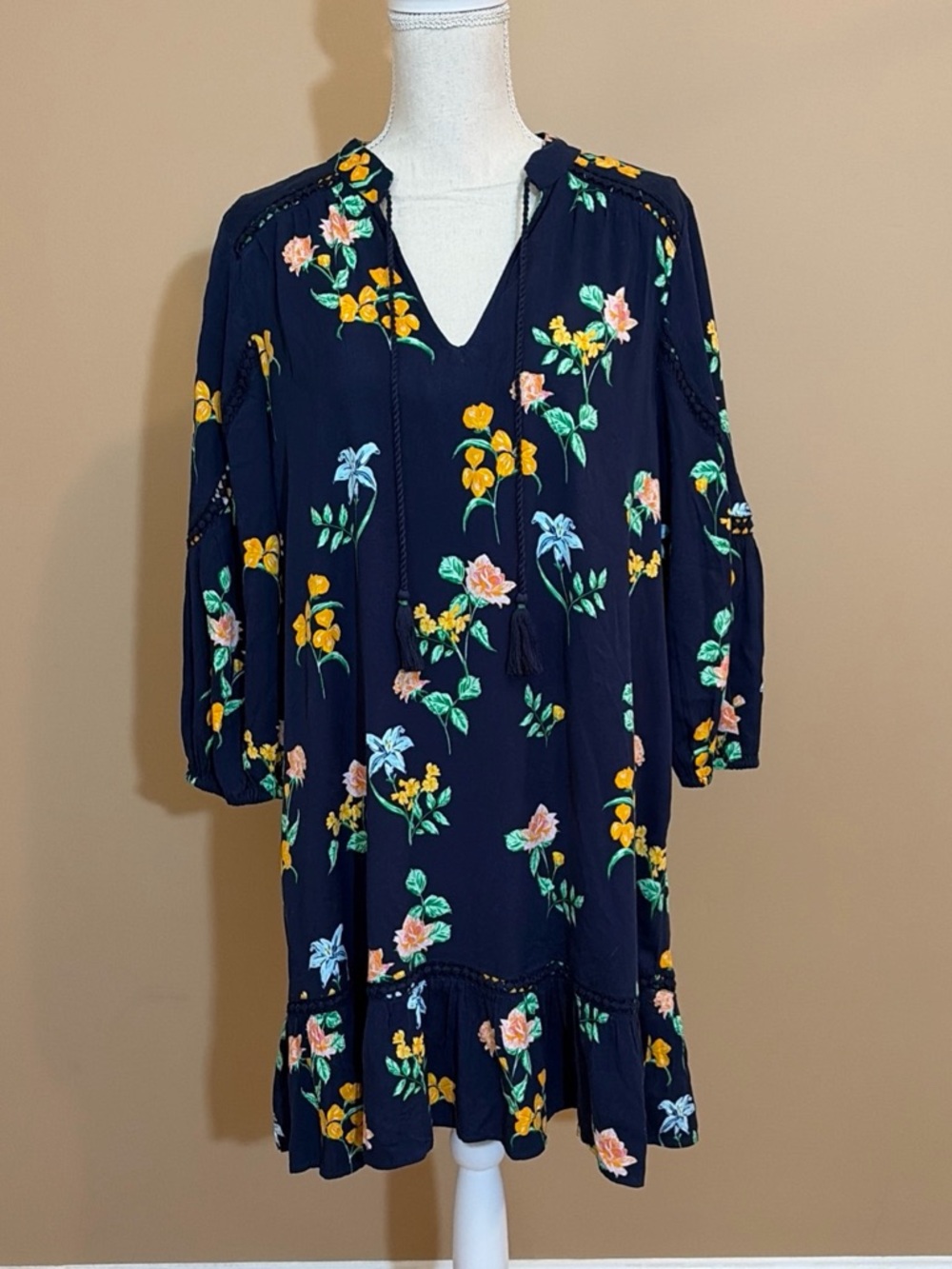 Crown & Ivy Navy Yellow Floral 3/4 Peasant Sleeve Dress Petite Large